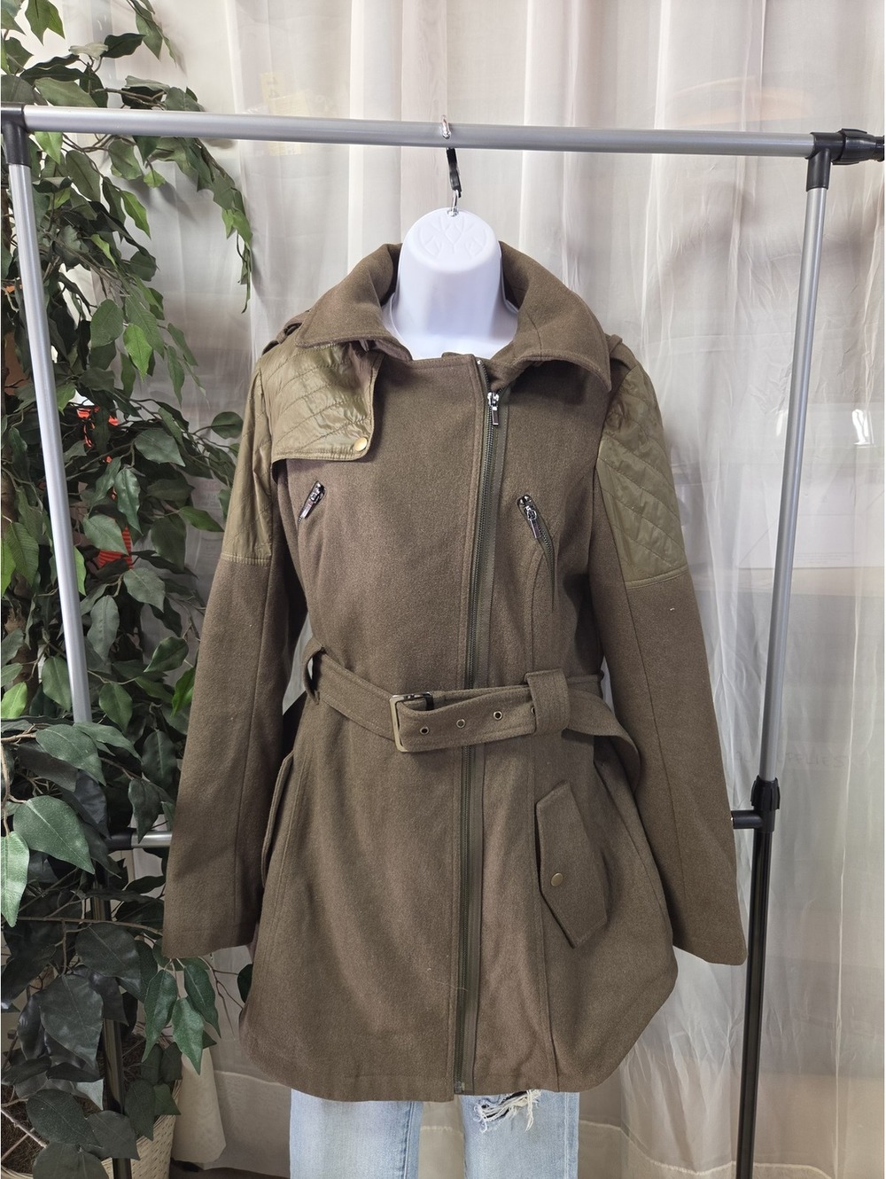 Blanc Noir Olive Green Wool Blend Hooded Asymmetric Moto Coat Womens Size XL